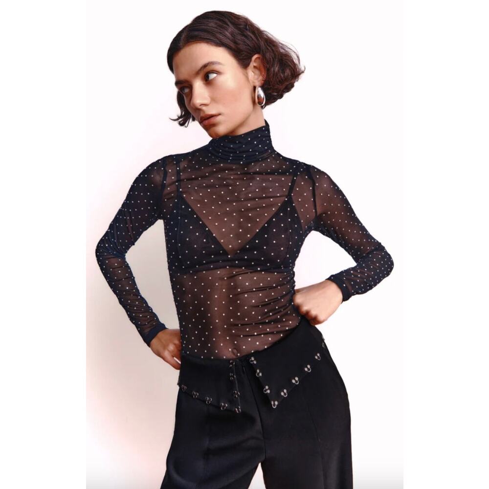 MISHA | NWT Diamante Sandra Mesh Top in Black Sheer Rhinestone Turtleneck XS